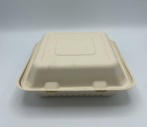 9” x 9” bagasse compostable hinge togo container, white, 1 compartment 200/case