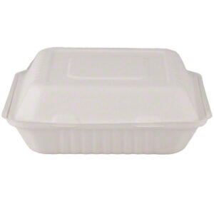 8” x 8” x 2.5" bagasse compostable hinge togo container, white, 1 compartment 200/case