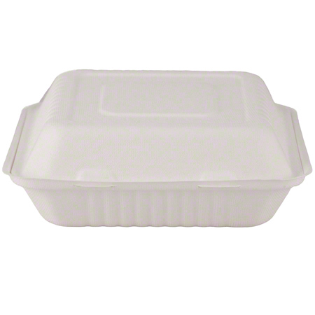 8” x 8” x 2.5" bagasse compostable hinge togo container, white, 1 compartment 200/case