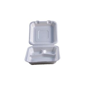 9” x 9” bagasse compostable hinge togo container, white, 3 compartment 200/case