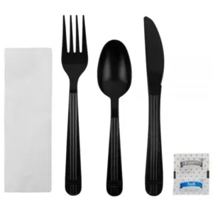 black heavy weight cutlery kit knife/fork/teaspoon/s&p/napkin 250 / cs