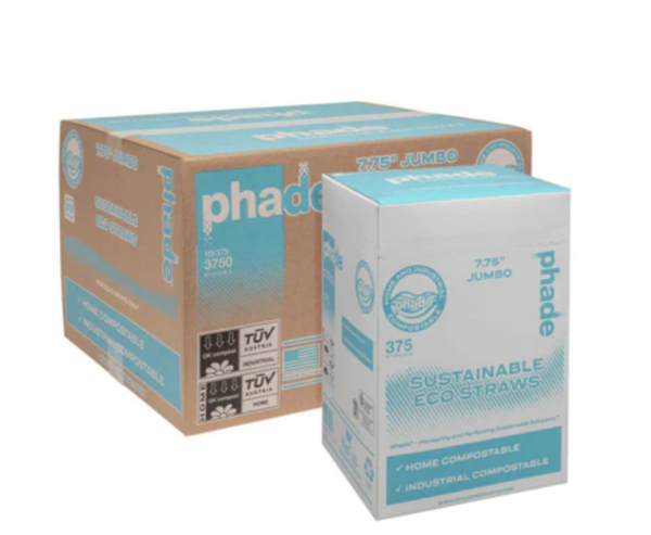 wincup 7.75” phade compostable jumbo straw, teal, paper wrapped, marine biodegradable 3750/case
