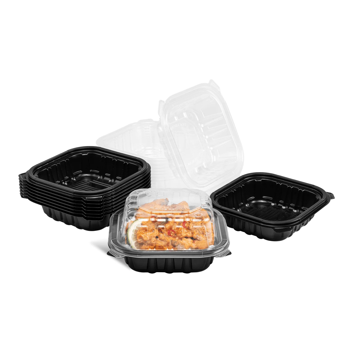 9" x 9" premium pp black hinged container, clear lid, 1 compartment 150/cs (copy)