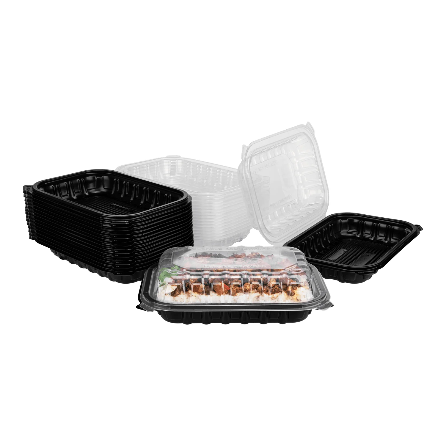 9" x 6" premium pp black hinged container, clear lid, 1 compartment 150/cs