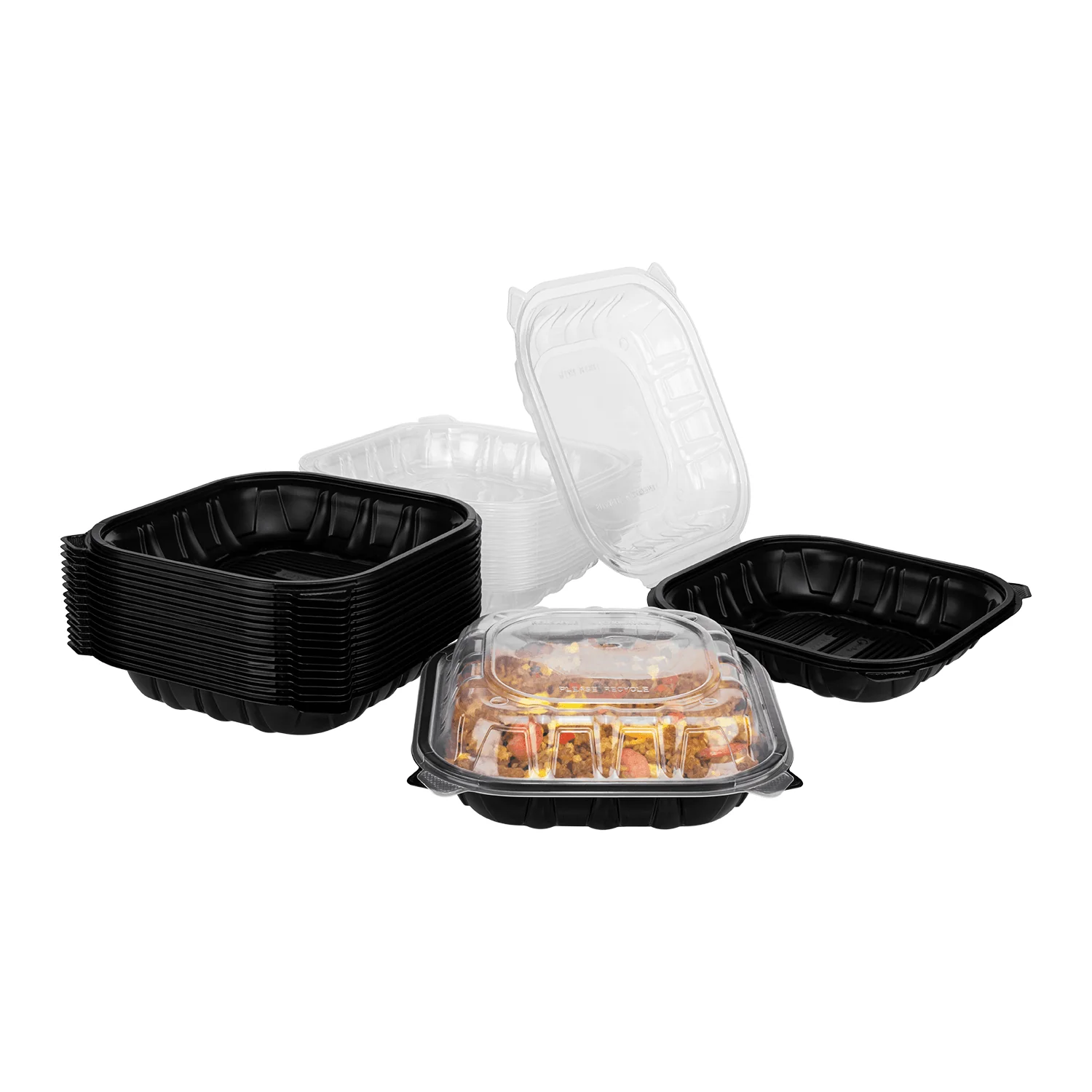 9" x 9" premium pp black hinged container, clear lid, 1 compartment 150/cs