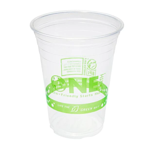 16 oz pla compostable plastic cold cups, green print 1000/case