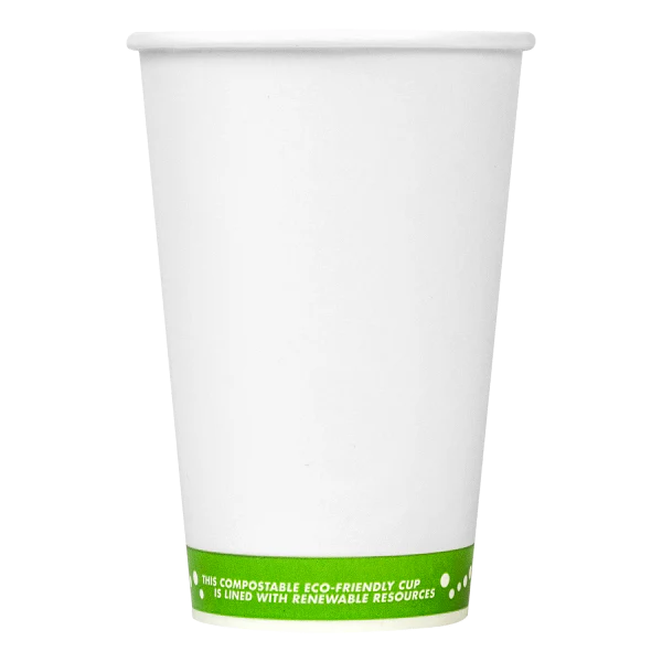 16 oz compostable paper cold cups, white with green print 1000/case