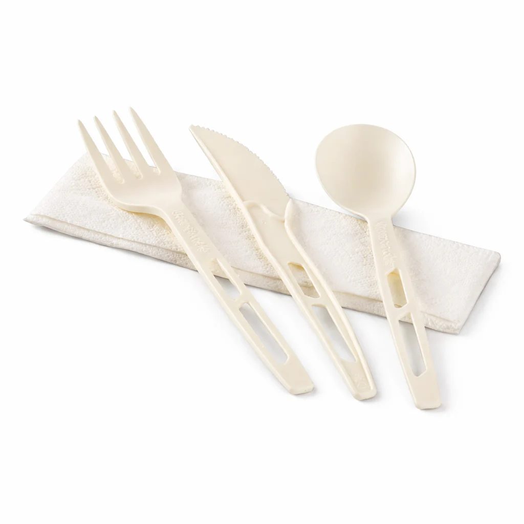 heavy weight cpla compostable cutlery kits (knife, fork, tea spoon, 2 ply napkin), white 250 kits