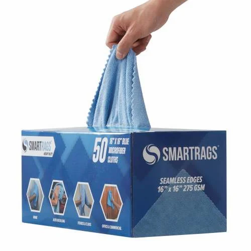 hospeco™ smartrags® blue heavy weight microfiber cloths, 275 gsm, 16"x16", dispenser box 50/bx
