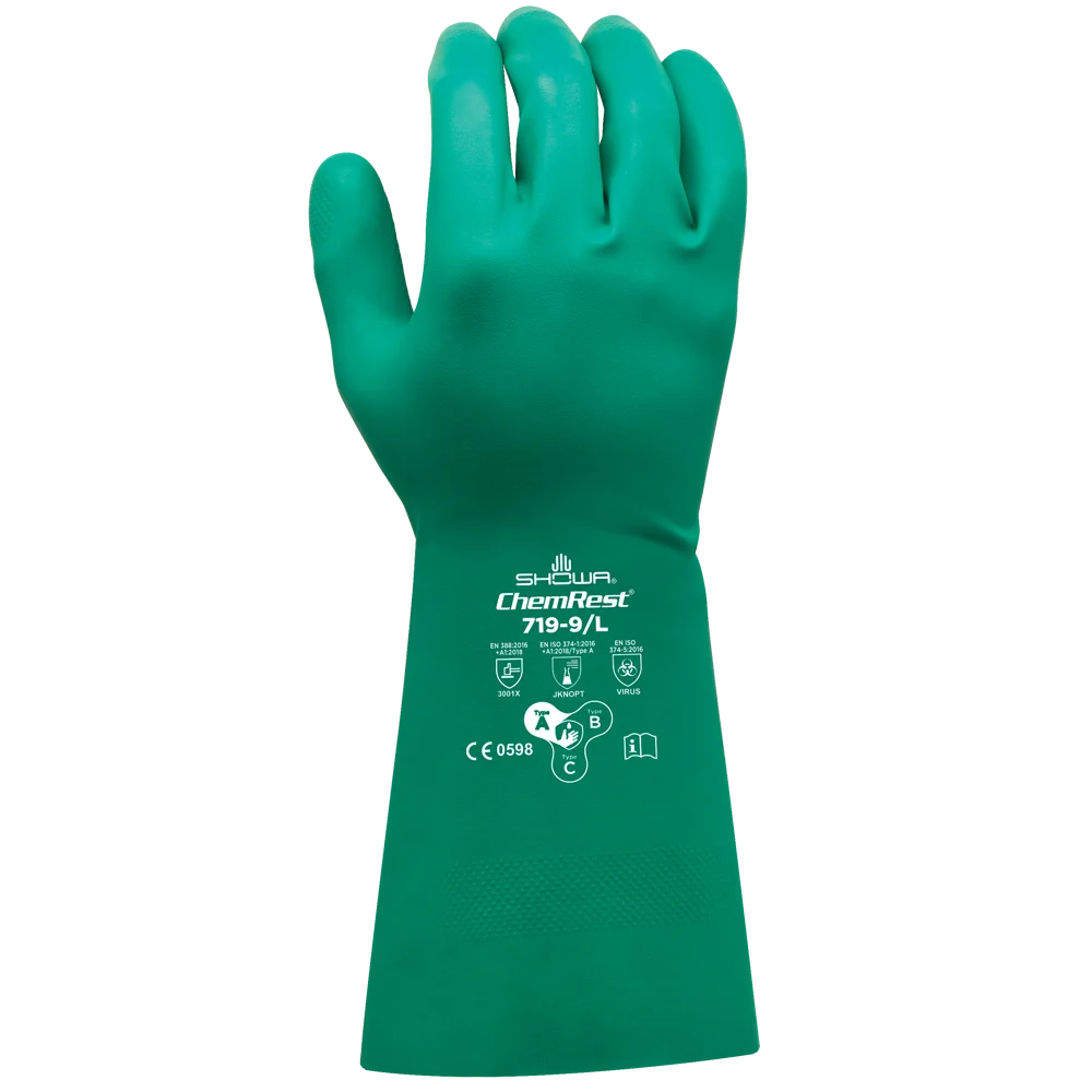 showa 719 green 13” 11mil nitrile gloves, diamond grip, unlined 12 dozen pair per cs medium